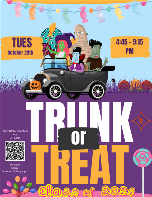 Come to the Trunk or Treat on 10/29 from 4:45-9:15 PM.